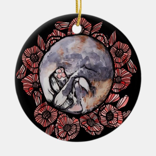 希薄三毛猫ねこ赤ポピー花猫 セラミックオーナメント (正面)