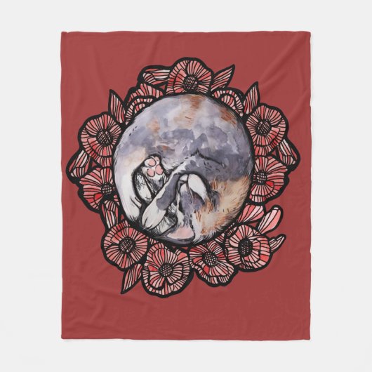 希薄三毛猫ねこ赤ポピー花猫 フリースブランケット (正面)
