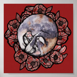 希薄三毛猫ねこ赤ポピー花猫 ポスター