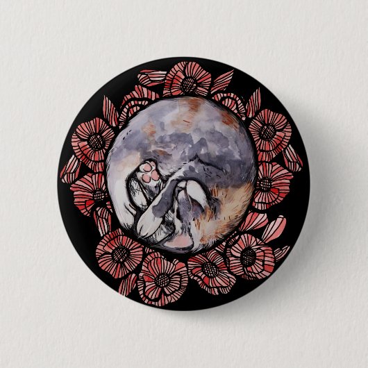 希薄三毛猫ねこ赤ポピー花猫 缶バッジ (正面)