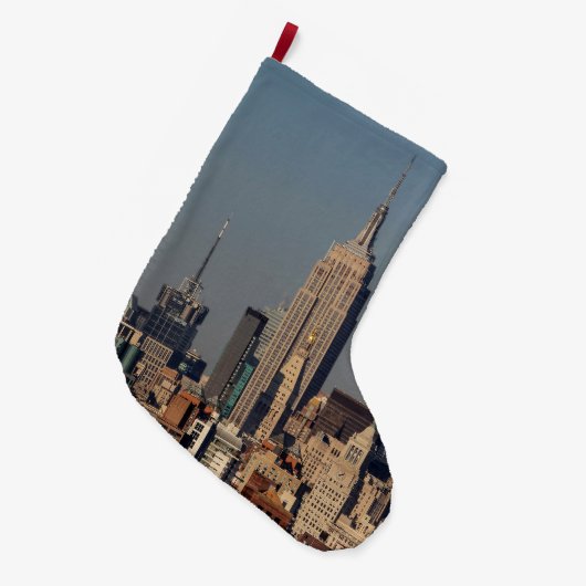 帝国国家Builが付いているニューヨークシティのスカイラインの写真 ラージクリスマスストッキング (正面 (吊り時))