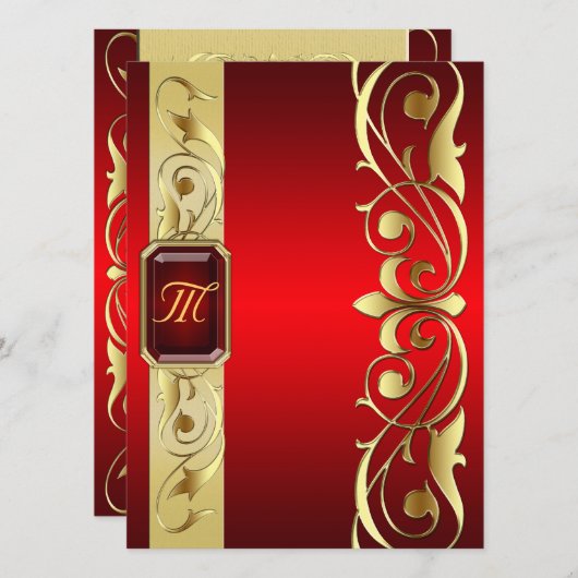 帝政ロシアの皇子赤い宝石の金ゴールドスクロール赤の招待状 招待状 (正面/裏面)