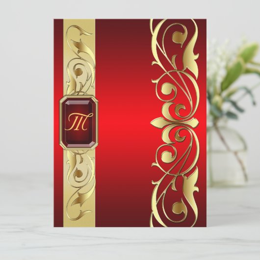 帝政ロシアの皇子赤い宝石の金ゴールドスクロール赤の招待状 招待状 (スタンド正面)