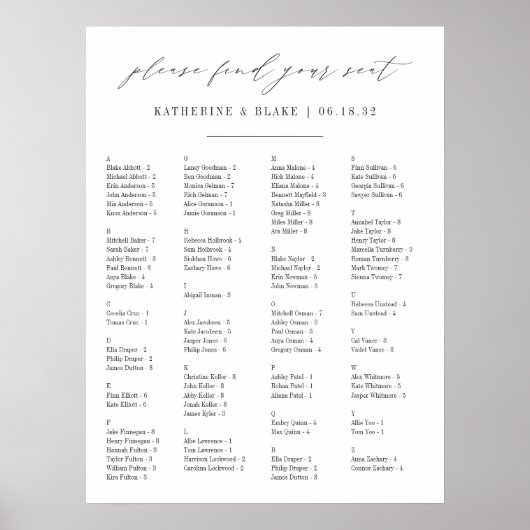 席を見つけなさい |アルファベット順の座席表 ポスター (正面)