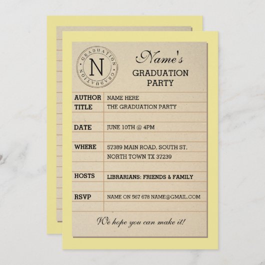 帯出券の卒業パーティーのイエローブックの招待 招待状 (正面/裏面)