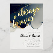 常にフォーエバーネイビーブルーモダンボービーチ結婚式 箔招待状 (正面)