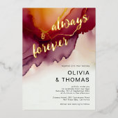 常にフォーエバーモダンブルガンディオレンジ秋の結婚式 箔招待状 (正面)