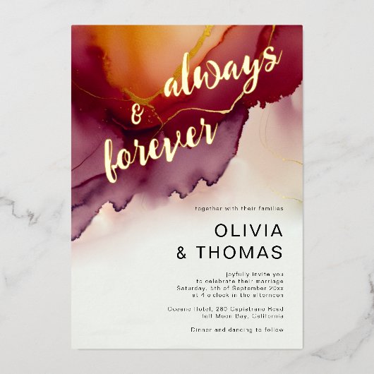 常にフォーエバーモダンブルガンディオレンジ秋の結婚式 箔招待状 (正面)