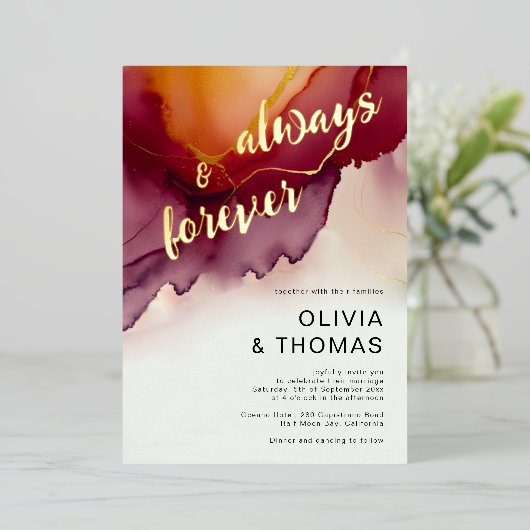 常にフォーエバーモダンブルガンディオレンジ秋の結婚式 箔招待状 (立ち正面)