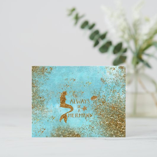 常に人魚になる – 金ゴールドグリッター人魚のビジョン ポストカード (スタンド正面)