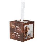 常に我々のハートでペット写真メモリアル木目 キューブオーナメント (正面アングル)