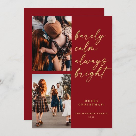 常に明るい金ゴールドスクリプトフォトレッドクリスマス シーズンカード (正面/裏面)