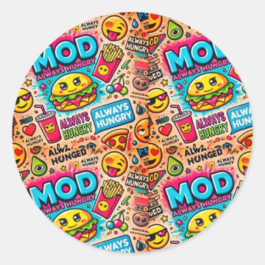 常に飢えたステッカー – おもしろいと予測できなデザイン ラウンドシール (正面)