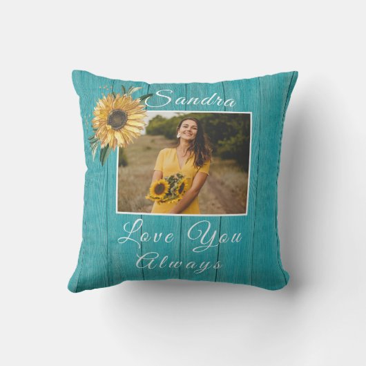 常パーソナライズされたに愛する |ひまわりティール（緑がかった色） クッション (裏面)