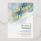 常モダンに永遠にブルーロマンチックビーチ結婚式 箔招待状 (正面)
