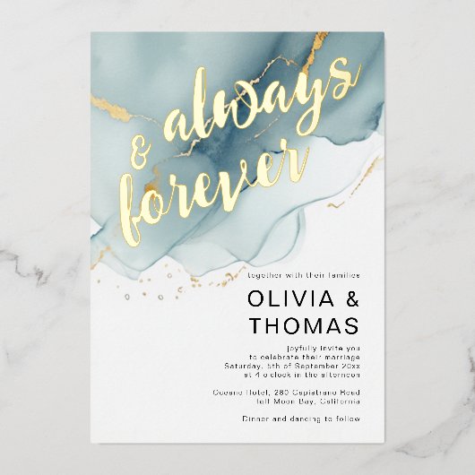 常モダンに永遠にブルーロマンチックビーチ結婚式 箔招待状 (正面)