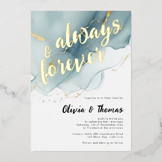 常モダンに永遠に埃っぽいブルービーチ結婚式 箔招待状 (正面)
