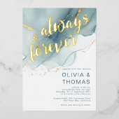 常モダンに永遠に青い金ゴールドビーチ結婚式 箔招待状 (正面)