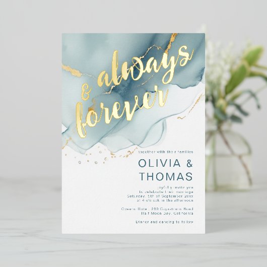 常モダンに永遠に青い金ゴールドビーチ結婚式 箔招待状 (立ち正面)