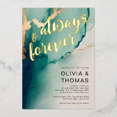 常モダンに永遠エメラルド金ゴールドビーチ結婚式 箔招待状 (正面)