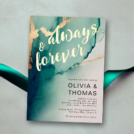 常モダンに永遠エメラルド金ゴールドビーチ結婚式 箔招待状