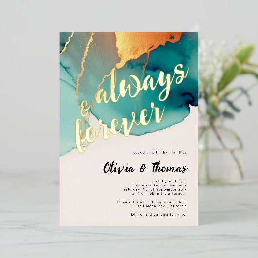 常時フォーエバーティール（緑がかった色）オレンジモダン秋の結婚式 箔招待状 (立ち正面)