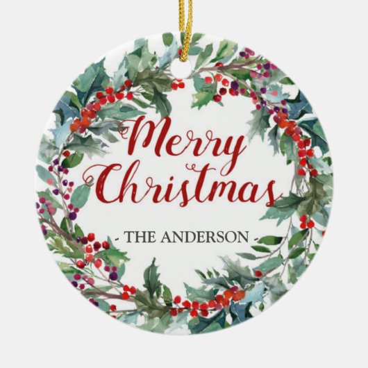 常緑のクリスマスのリースの写真のオーナメント セラミックオーナメント (正面)