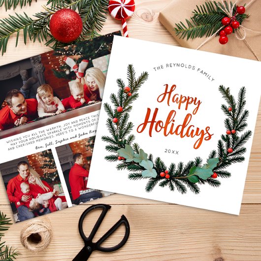 常緑のリースの3枚写真家族ホリデーカード シーズンカード