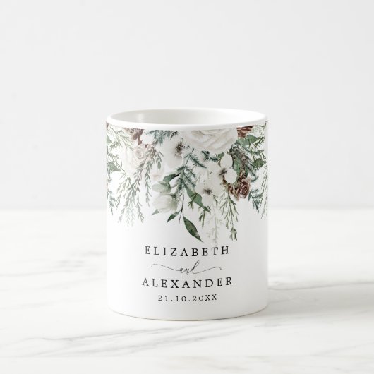 常緑の冬のクリスマス ウェディング コーヒーマグカップ (中央)
