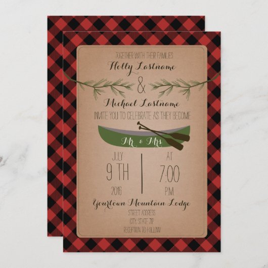 常緑の木 + カヌーの格子縞の結婚式 招待状 (正面/裏面)