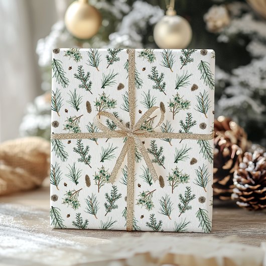 常緑の松の枝と松ぼっくり クリスマス ラッピングペーパー