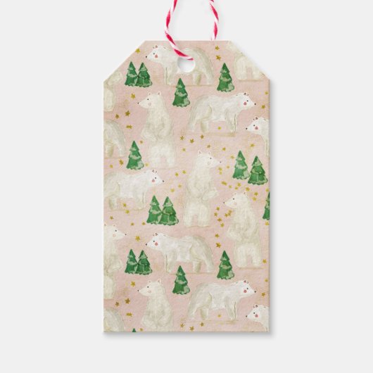 常緑の森に棲む、かわいいクリスマスのシロクマ ギフトタグ (正面)
