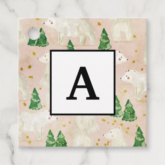 常緑の森に棲む、かわいいクリスマスのシロクマ フェイバータグ (正面)