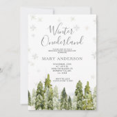 常緑の雪の降る冬のワンダーランド 1歳の誕生日 招待状 (正面)