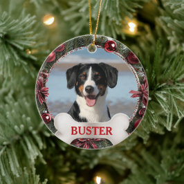 常緑クリスマスリースの犬の写真ツリーオーナメント セラミックオーナメント