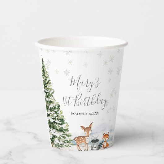 常緑動物の冬のオネダーランドの誕生日 紙コップ (正面)