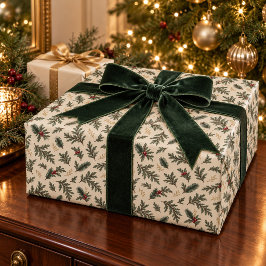 常緑植物のボタニカル クリスマス ラッピングペーパー