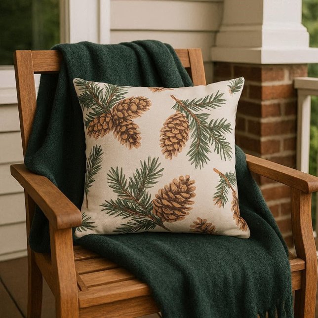 常緑樹と松ぼっくり ポーチ/パティオ  アウトドアクッション (Decorate your porch with throw pillows.  A perfect winter season decoration )
