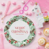 常緑樹と赤い果実のクリスマスパターン ペーパープレート (パーティー)