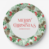 常緑樹と赤い果実のクリスマスパターン ペーパープレート (正面)