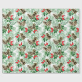 常緑樹と赤い果実のクリスマスパターン ラッピングペーパー (フラット)