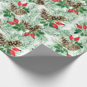 常緑樹と赤い果実のクリスマスパターン ラッピングペーパー (角)