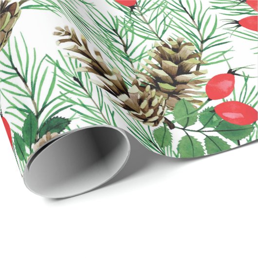 常緑樹と赤い果実のクリスマスパターン ラッピングペーパー (ロールコーナー)