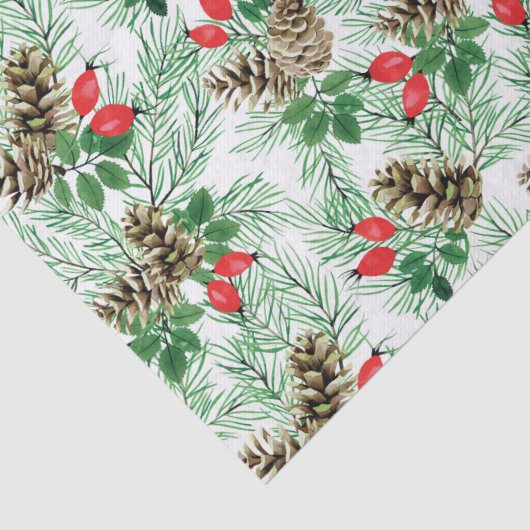 常緑樹と赤い果実のクリスマスパターン 薄葉紙 (詳細)
