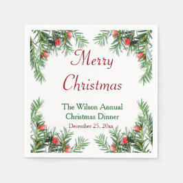 常緑樹と赤の果実のクリスマスナプキン スタンダードカクテルナプキン