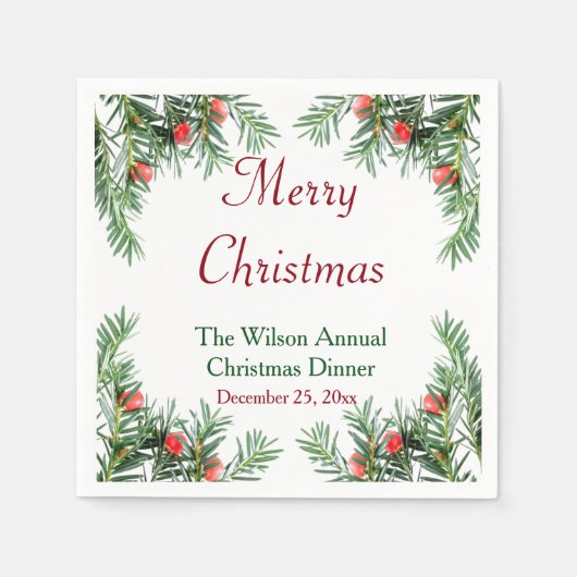 常緑樹と赤の果実のクリスマスナプキン スタンダードカクテルナプキン (正面)