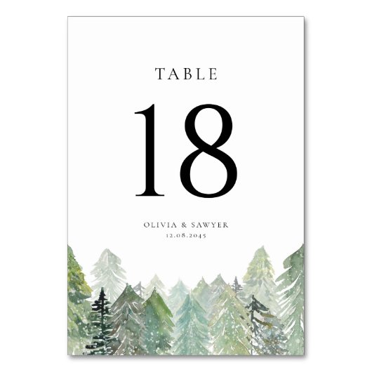 常緑樹の冬の結婚式に降る雪 テーブルナンバー (正面)