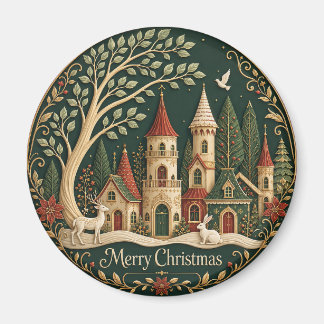 常緑樹の木立に佇む魔法のクリスマス・ヴィレッジ マグネット