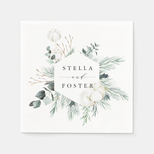 常緑樹エレガント綿花結婚六角 スタンダードカクテルナプキン (正面)