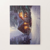 常緑樹素朴間の神秘的なログキャビン ジグソーパズル (縦)